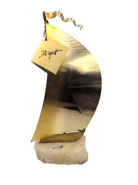 Vintage 70s John DeMott Brass Sailboat on Onyx Base Signed w/ Original Tag VGC